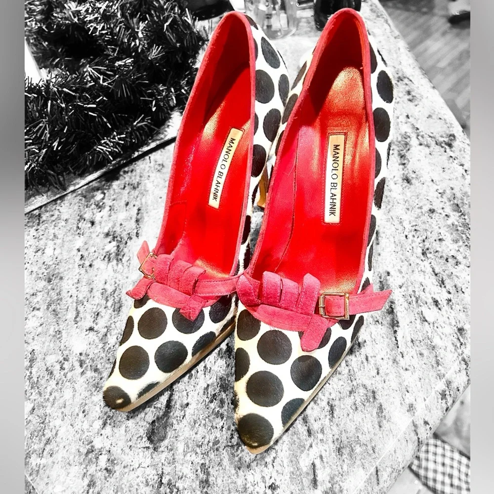 Manolo Blahnik Black and Pink Polka Dot Heels/ Pony Hair Vintage - Picture 2 of 16